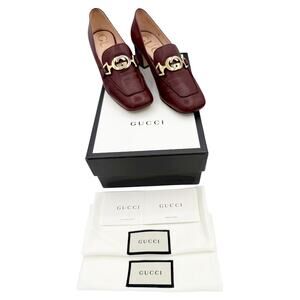 Gucci Zumi Interlocking GG Loafer Pumps EU 37 US 7 Bordeaux Burgundy Block Heel